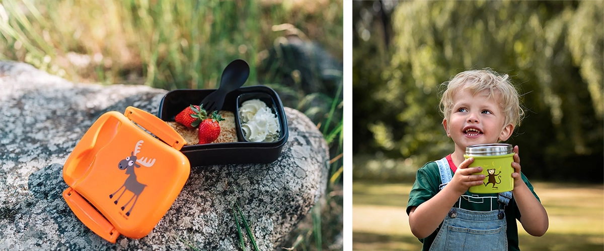 Carl Oscar, färggrann orange matlåda och pojke som håller i en grön burk